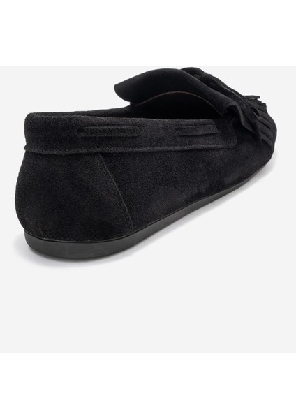 Axelı Siyah Süet Hakiki Deri Fiyonklu Saçaklı Kadın Loafer Ayakkabı indirimleri