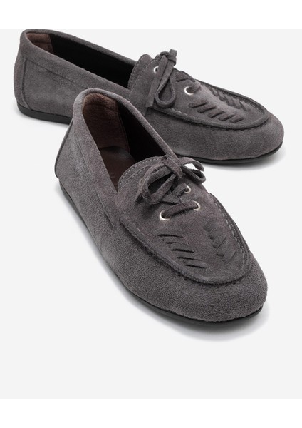 Lorven Füme Süet Hakiki Deri Bağcıklı Kadın Loafer Ayakkabı
