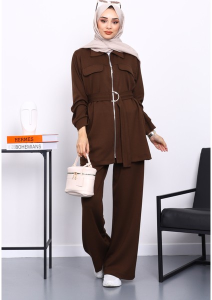 Kahverengi Sahte Cepli Bel Kuşaklı Modal Takım