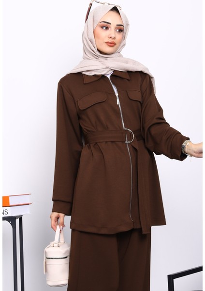 Kahverengi Sahte Cepli Bel Kuşaklı Modal Takım modelleri