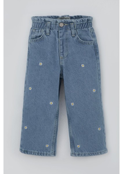 Kız Çocuk Jean Pantolon Papatya Nakışlı Düğmeli 1.5-5 Yaş, Açık Mavi