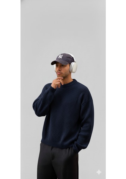 Erkek-Selanik Örgü-Oversıze-Bisiklet Yaka-Kazak