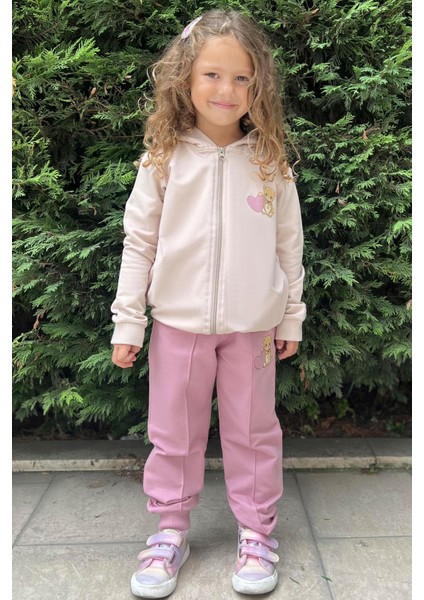 Kız Çocuk Eşofman Takım Kalpli Bebek Ayıcık Baskılı 1.5-5 Yaş, Bej