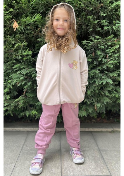 Kız Çocuk Eşofman Takım Kalpli Bebek Ayıcık Baskılı 1.5-5 Yaş, Bej