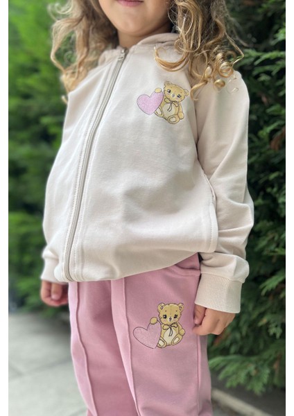 Kız Çocuk Eşofman Takım Kalpli Bebek Ayıcık Baskılı 1.5-5 Yaş, Bej