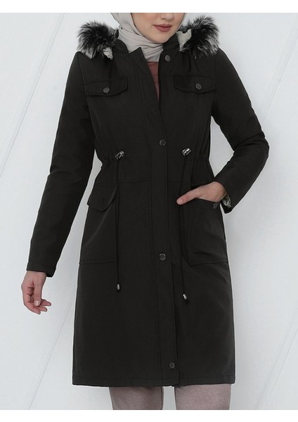 Alpaco Çıkma Kapşonlu Bağcıklı Bondit Kısa Kaban -Siyah -Collectıon