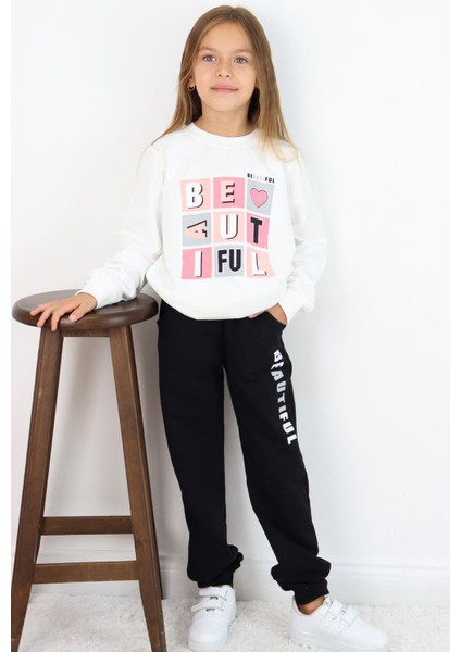 Kız Çocuk Eşofman Takım Renkli Yazı Baskılı 8-12 Yaş, Beyaz