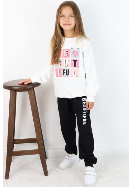 Kız Çocuk Eşofman Takım Renkli Yazı Baskılı 8-12 Yaş, Beyaz