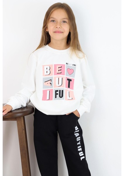 Kız Çocuk Eşofman Takım Renkli Yazı Baskılı 8-12 Yaş, Beyaz