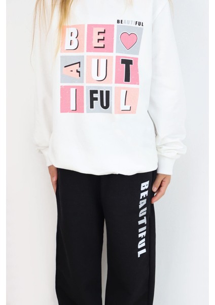 Kız Çocuk Eşofman Takım Renkli Yazı Baskılı 8-12 Yaş, Beyaz