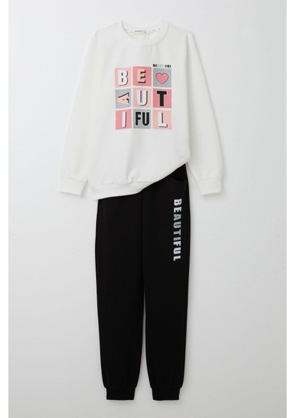 Kız Çocuk Eşofman Takım Renkli Yazı Baskılı 8-12 Yaş, Beyaz