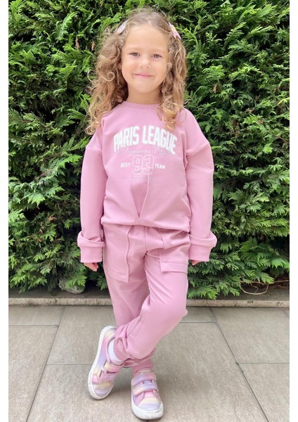 Kız Çocuk Eşofman Takım Lig Temalı Ön Kısmı V Dikişli 5-10 Yaş, Gülkurusu