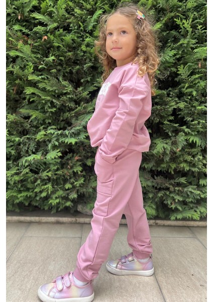 Kız Çocuk Eşofman Takım Lig Temalı Ön Kısmı V Dikişli 5-10 Yaş, Gülkurusu