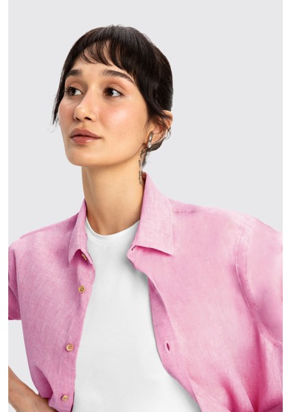 Pembe Uzun Kollu Kadın Keten Gömlek