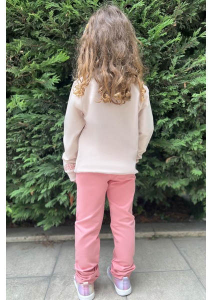 Kız Çocuk Eşofman Takım Çiçek Nakışlı 1.5-5 Yaş, Bej