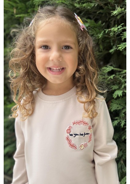 Kız Çocuk Eşofman Takım Çiçek Nakışlı 1.5-5 Yaş, Bej