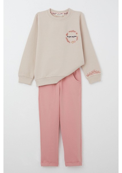 Kız Çocuk Eşofman Takım Çiçek Nakışlı 1.5-5 Yaş, Bej