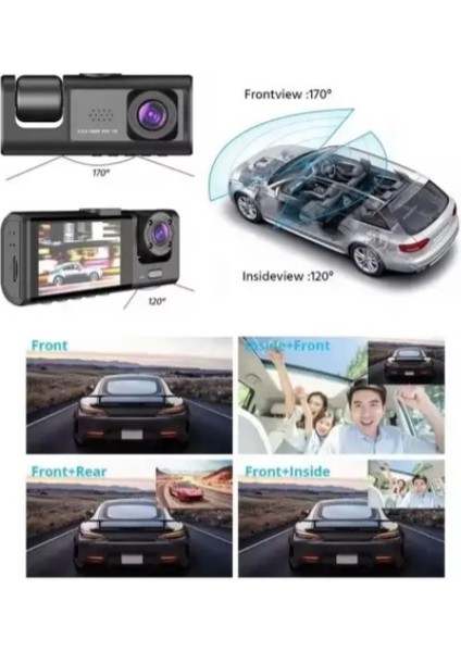 Araç Içi 3 Kameralı LCD Ekranlı Gece Görüşlü, G-Sensör , Geri Görüş Kamera Siyah 1080P fırsatları