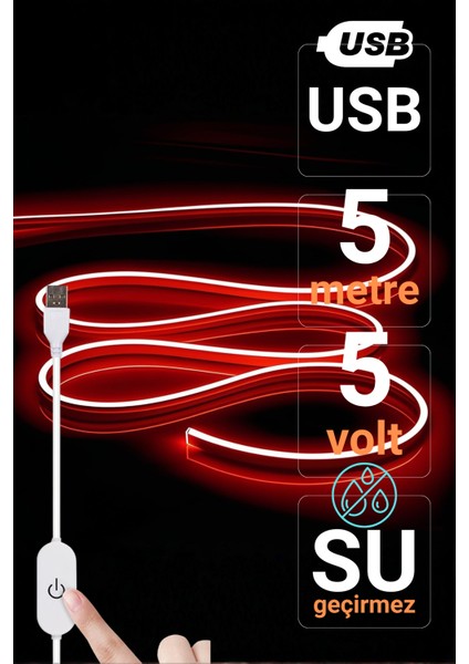 5V USB Neon LED Şerit 5 Metre Kırmızı | Silikonlu Su Geçirmez Esnek Aydınlatma