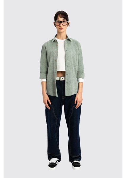 Yeşil Uzun Kollu Kadın Keten Gömlek