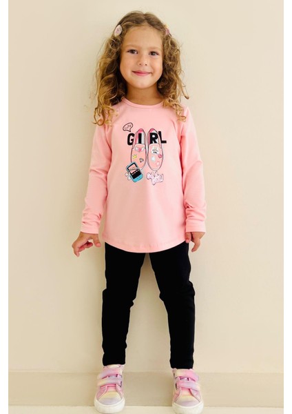 Kız Çocuk Taytlı Takım Ayakkabı Baskılı 4-9 Yaş, Pembe