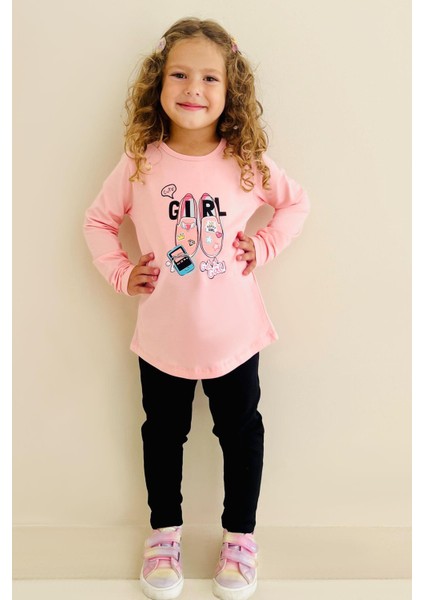 Kız Çocuk Taytlı Takım Ayakkabı Baskılı 4-9 Yaş, Pembe