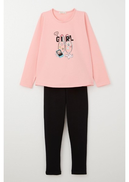 Kız Çocuk Taytlı Takım Ayakkabı Baskılı 4-9 Yaş, Pembe