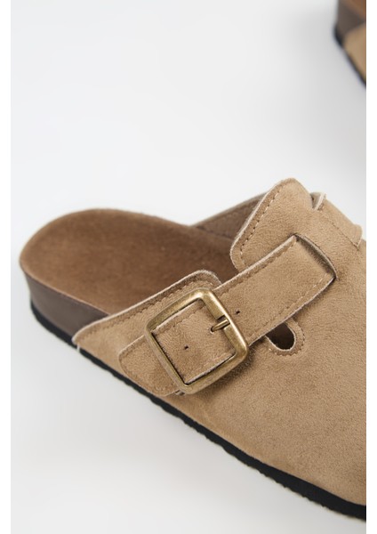 Nomiento Cancun Kadın Vegan Deri Tokalı Vizon Sabo Terlik modelleri