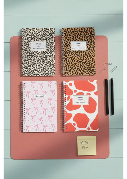 A5 Spiralli Not Defteri 4’lü Set – Çizgisiz, 120 Sayfa, Leopar & Kurdela Temalı, Okul Defteri
