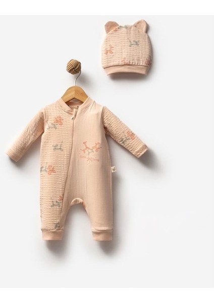 Yandan Fermuarlı Şapkalı Kız Bebek Tulum Seti