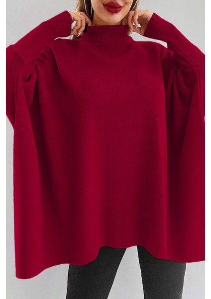 Kadın Bisiklet Yaka Düz Renk Triko Panço P-00018933