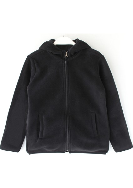 Kapüşonlu Fermuarlı Unisex Çocuk Polar Ceket Siyah Polar Okul Ceketi