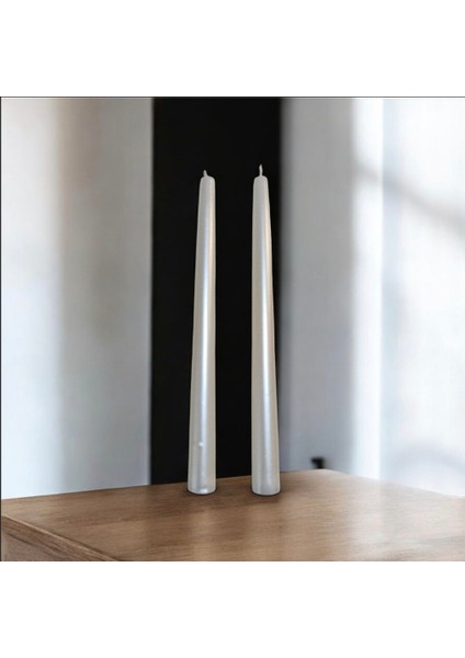 2'li Metalik Inci Beyaz-Şamdan Mum-Konik Mum