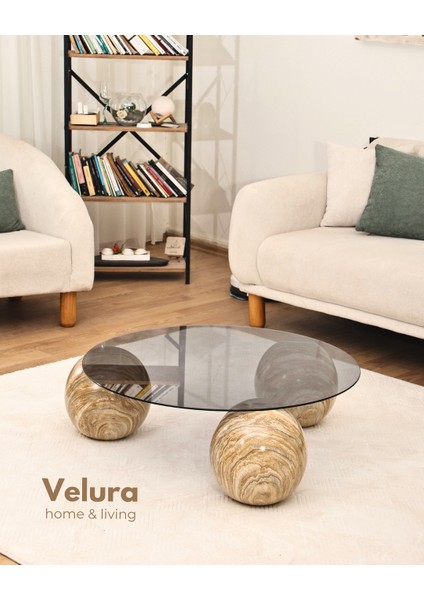 Modern Orta Sehpa & Küre Sehpa & Top Sehpa & Füme Yuvarlak Cam & Treverten Mermer