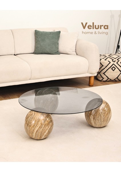 Modern Orta Sehpa & Küre Sehpa & Top Sehpa & Füme Yuvarlak Cam & Treverten Mermer fırsatları