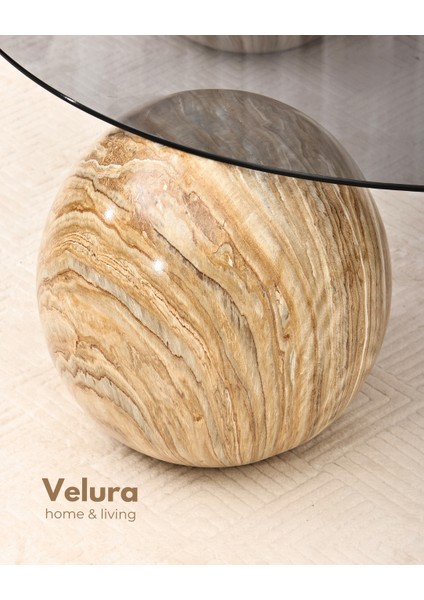 Modern Orta Sehpa & Küre Sehpa & Top Sehpa & Füme Yuvarlak Cam & Treverten Mermer