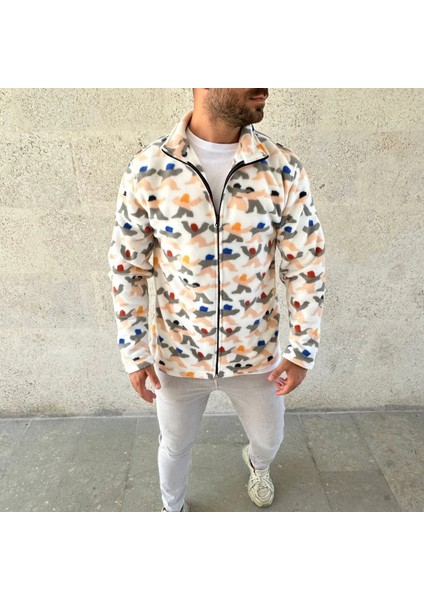 Erkek Tam Fermuarlı Desenli Polar Sweat – Siyah Multicolor Figür Desen Yakalı, Uzun Kollu, Oversize Rahat Kalıp- Beyaz fırsatları