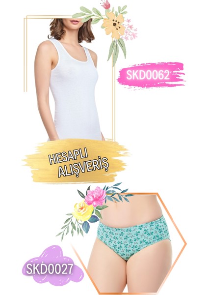 Kadın Ribana Geniş Askılı Atlet ve Desenli Külot Takım 6'lı Set (12 Parça) SKD0062 - SKD0027