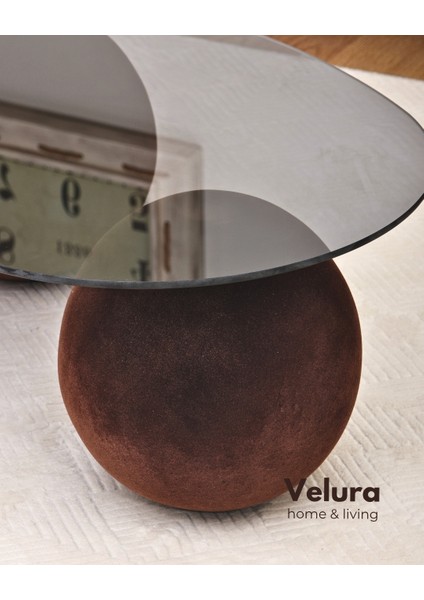 Modern Orta Sehpa & Küre Sehpa & Top Sehpa & Füme Fasulye Cam & Flok (Kadifemsi Top Sehpa)