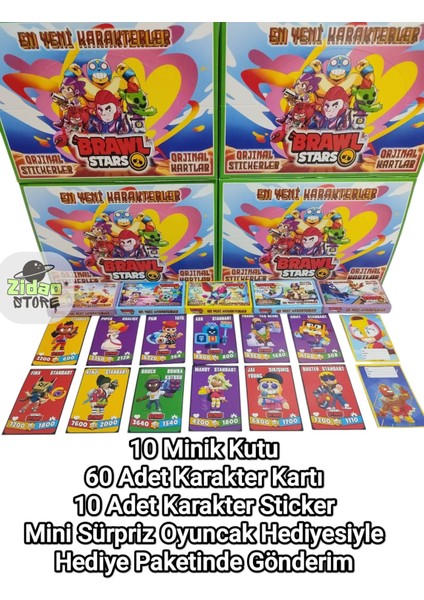 Brawl Stars En Yeni Karakterler 10 Mini Kutu 60 Adet Karakter Kartı + 10 Adet Sticker Seti Oyun Kağıtları