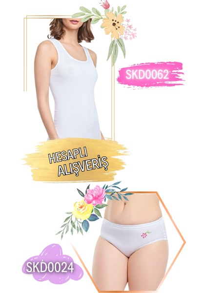 Kadın Ribana Geniş Askılı Atlet ve Çiçek Desenli Külot Takım 6'lı Set (12 Parça) SKD0062 - SKD0024
