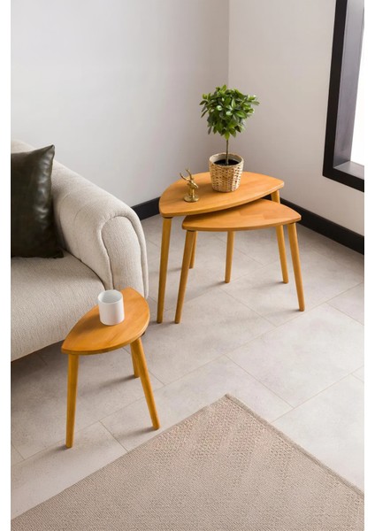 Premium Modern Tasarım 3’lü Masif Doğal Ahşap Zigon Sehpa Seti