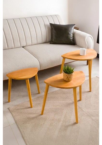 Premium Modern Tasarım 3’lü Masif Doğal Ahşap Zigon Sehpa Seti