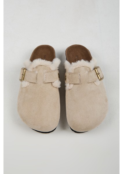 Cancun Kürklü Kadın Vegan Deri Tokalı Bej Sabo Terlik