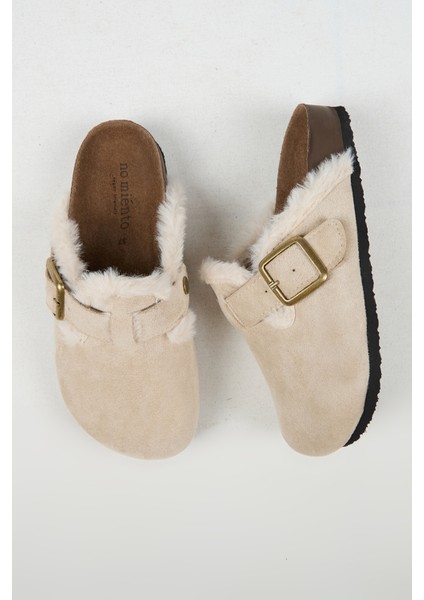 Cancun Kürklü Kadın Vegan Deri Tokalı Bej Sabo Terlik modelleri