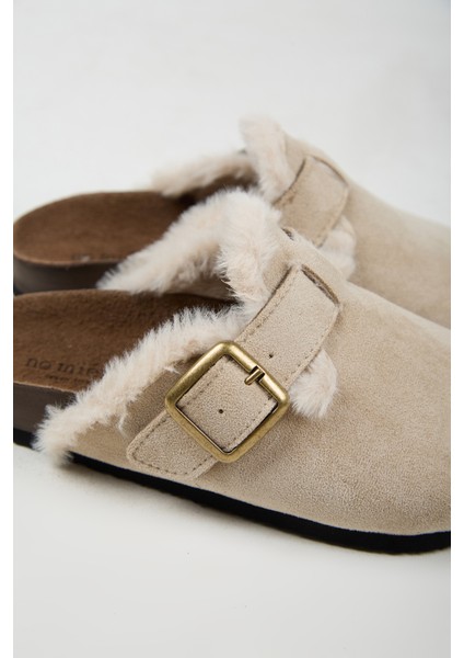 Cancun Kürklü Kadın Vegan Deri Tokalı Bej Sabo Terlik fırsatları