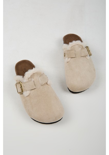 Cancun Kürklü Kadın Vegan Deri Tokalı Bej Sabo Terlik indirimleri