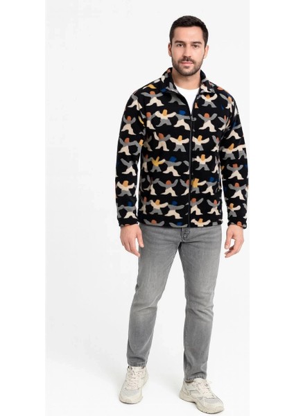 Erkek Tam Fermuarlı Desenli Polar Sweat – Siyah Multicolor Figür Desen Yakalı, Uzun Kollu, Oversize Rahat Kalıp- Siyah