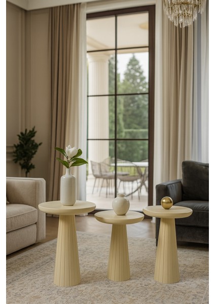 Krem Renk Ahşap Mantar Sehpa Seti – 3’lü Doğal Zigon ve Fiskos Takımı