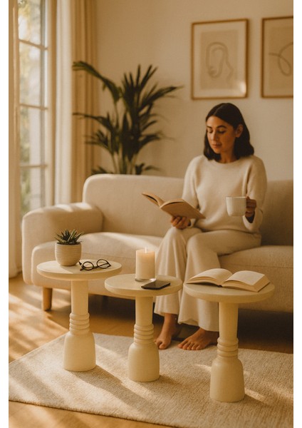 Krem Renk Ahşap Mantar Sehpa Seti – 3’lü Doğal Zigon ve Fiskos Takımı modelleri